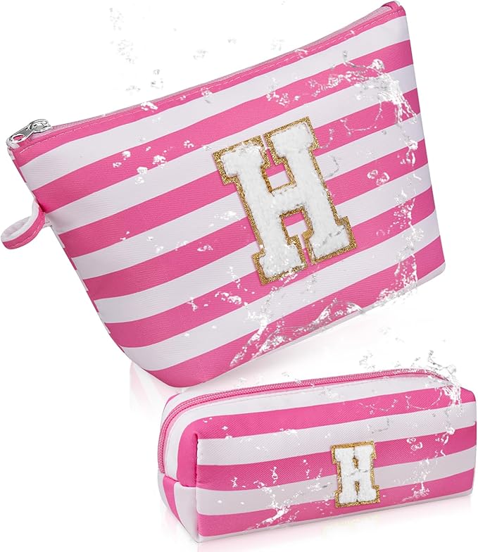 Initial Makeup Bag Personalized Stripe Cosmetic Bag Cute Waterproof Travel Toiletry Bag Birthday Gifts for 10 11 12 13 14 15 16 Years Old Teen Girl Gift Trendy Stuff (Pink H)