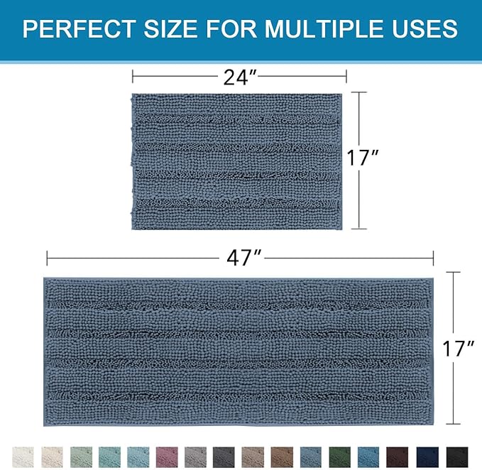 H.VERSAILTEX Bathroom Rug Sets 2 Piece Bath Mats Non Slip Thick Soft Chenille Striped Bath Rug achine Washable Shower Floor Rugs for Tub, Shower and Floor (Blue Indigo, 47" x 17"/17" x 24")