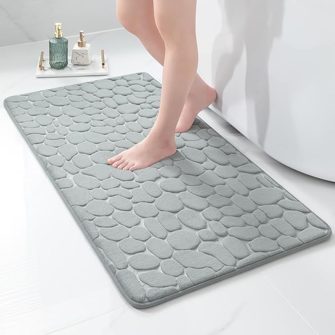 YIHOUSE Memory Foam Runner Rug, Cobblestone Bathroom Runner Rugs Super Water Absorbent Bath Mats for Bathroom Machine Washable Bath Rugs for Hallway Bedroom Laundry Room(24 x 47,Light Gray)