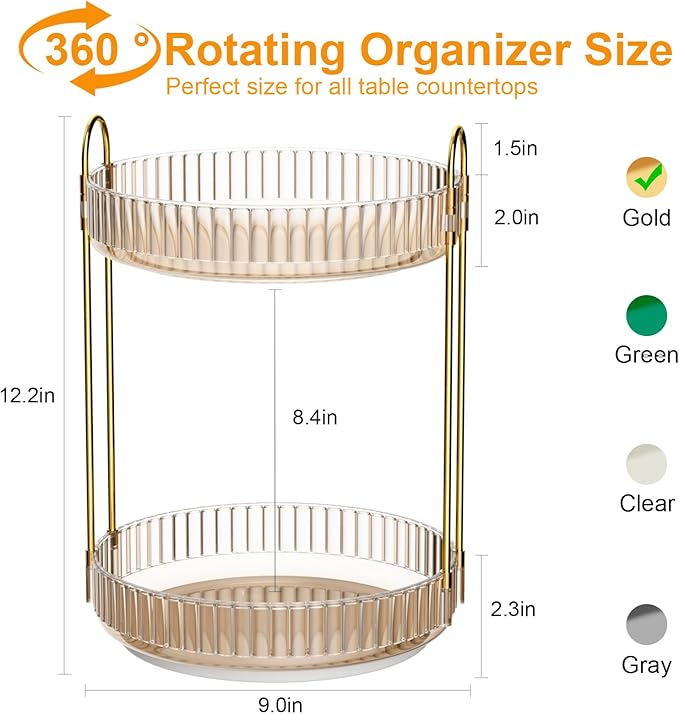 GTI 360°Rotating Makeup Organizer, 2 Tier Bathroom Counter Organizer,Large Capacity Perfume Cosmetics Skincare Vanity Organizers, Dresser Spinning Countertop Organizer and Storage for Women (Gold)