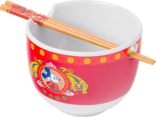 Silver Buffalo Disney Mickey Mouse Lunar Chinese New Year Tiger Ceramic Ramen Noodle Rice Bowl with Chopsticks, Microwave Safe, 20 Ounces