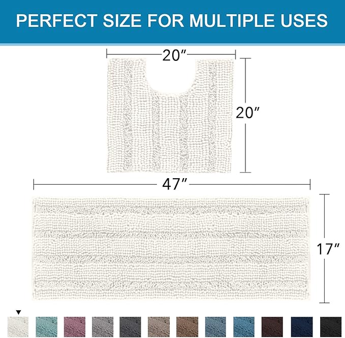 H.VERSAILTEX Bathroom Rugs Bath Rug Set 2 Piece Bathroom Contour Rug Toilet Mat Sets Non Slip Contour Bath Rug Ultra Thick Water Absorbent Striped Bath Mats Washable(47" x 17" Plus 20" x 20" U, Cream)