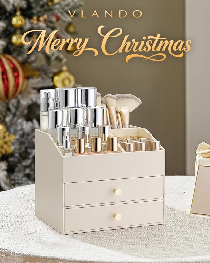 Vlando Makeup Organizer for Vanity,Large Capacity Countertop Organizer with Drawers, PU Leather Cosmetic Display Case for Lipstick,Brushes,Skincare,Bedroom Storage (Beige)