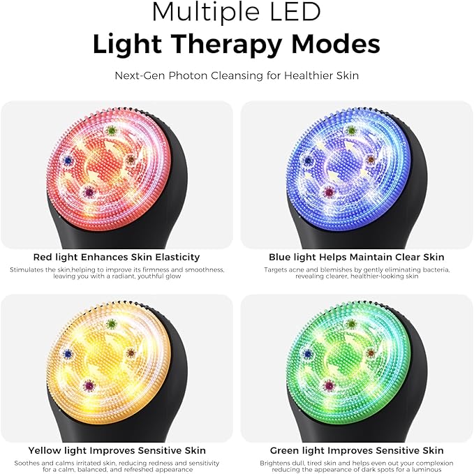 Facial Cleansing Brush Electric Face Scrubber - Rechargeable Face Cleansing Brush with 4 LED Gentle Light Silicone Heat and Vibration Exfoliator Massage Deep Cleansing,IPX7 Waterproof,Ideal Gift﻿