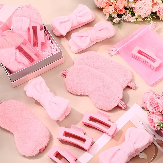 48 Pcs Spa Party Supplies Sleep over Essentials 12 Pink Spa Headband 12 Pink Plush Sleep Eye Mask 12 Claw Clips 12 Organza Bags for Slumber Party Christmas Gift