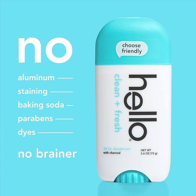 hello Clean and Fresh Aluminum Free Deodorant for Women and Men with Charcoal, 24-Hour Freshness, Baking Soda Free Deodorant, Dermatologically Tested, 2.6 oz Stick (2 Pack)