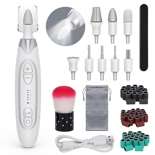 PELCAS Electric Nail File, 5 Speeds Manicure and Pedicure Kit, Cordless Nail Drill, Toenail Grinder for Thick Toenails with LED Light, Dremel Tool Kit for Human, Pet, Toenails, Natural & Acrylic Nails