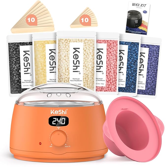KeShi Waxing Kit for Women and Men, Digital Wax Warmer with 6 Bags Hard Wax Beads, at-Home Hair Removal Wax Kit for Full Body, Face, Eyebrow, Bikini, Legs, Brazilian & Sensitive Skin(Vital Orange)