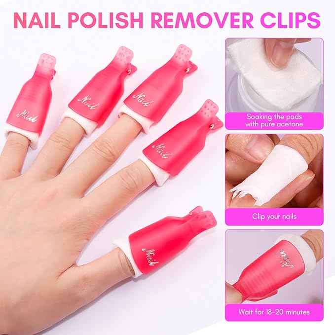 Makartt Nail Polish Remover Kit 20 Pcs, Soak Off Cap Clips, with Double-Ended Cuticle Pusher, UV Gel Polish Removal Tools for Fingers and Toes, Reusable, Rose