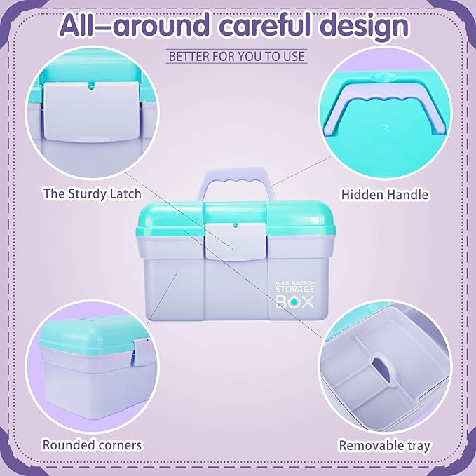 11in Mutipurpose Storage Box Organizer with Removable Tray, Portable Small Craft Organizer with Handle, Plastic Clear Tool Box Art Case for Makeup, Sewing, Nail, Hair Accessories (Purple Blue)