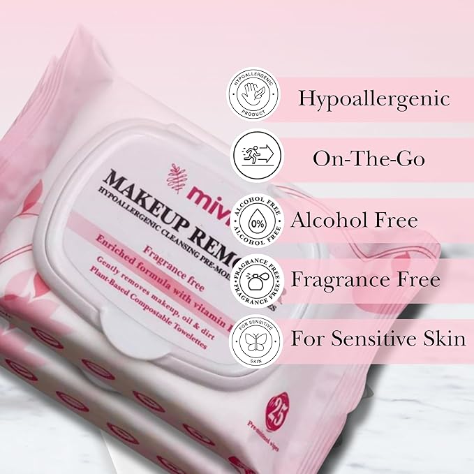 mivida Hypoallergenic Makeup Remover Wipes With Vitamin E, Alcohol Free & Fragrance Free Makeup Wipes For Sensitive Skin, Plant Based Make Up Remover, Travel Friendly 2 × 25 Count
