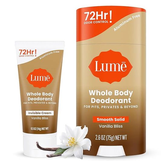 Lume Whole Body Deodorant - Invisible Cream Mini + Solid Stick Bundle - 72 Hour Odor Control - Aluminum & Baking Soda Free, Skin Loving - 0.5 Oz Mini Tube + 2.6 Oz Solid Stick (Vanilla Bliss)