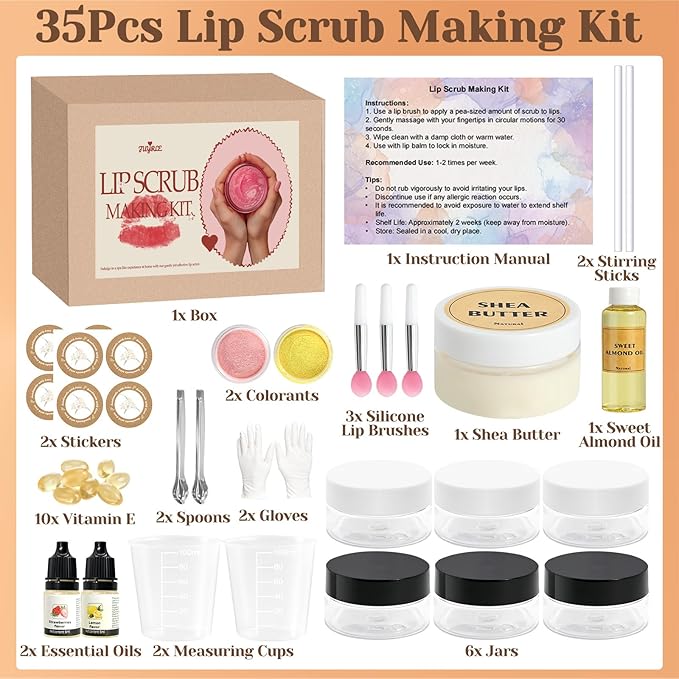 Sugar Lip Scrub Making Kit- 35Pcs Make Your Own Sugar Lip Scrub with Shea Butter, Almond Oil, Essential Oils, Moisturizing and Exfoliating Dry Lip, DIY Organic Lip Care Gifts For Women & Men