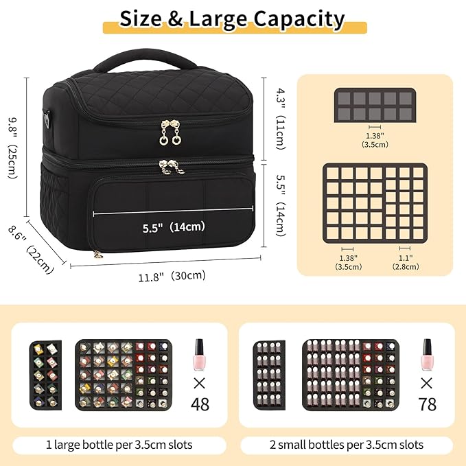 Nail Polish Organizer, Nail Organizers And Storage Bag Holds 48 Bottles & Full Size Nail Lamp, Double Layer Nail Tech Travel Case for Nail Supplies & Manicure Kit & Pedicure Tools (Black, 48 Slots)