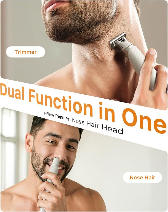 New 2 in 1 Body & Nose Hair Trimmer - Electric Beard Razor for Men, All-in-One Groomer with Magnetic Nose Hair Head, Waterproof Wet/Dry Use, Groin/Ball Shaver, USB-C Fast Charging,White(Solo)