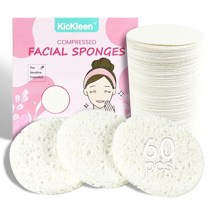 60-Count Compressed Facial Sponges|100% Natural Kickleen Cellulose Cosmetic Spa Sponges for Daily Facial Cleansing|Makeup and Mask Removal | Exfoliating | Skin Massage | Pore Exfoliation(White)