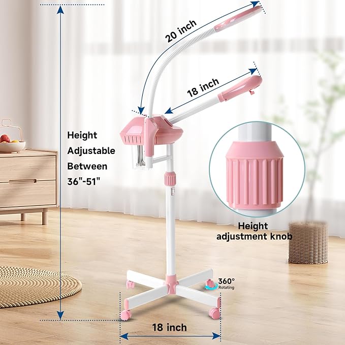 Professional Facial Steamer, 2In1 Face Steamer on Wheels for Facial Deep Cleaning, SPA Facial Steamer for Esthetician with 5X Magnifying Lamp, Stand Face Steamer with Time Setting, Pink