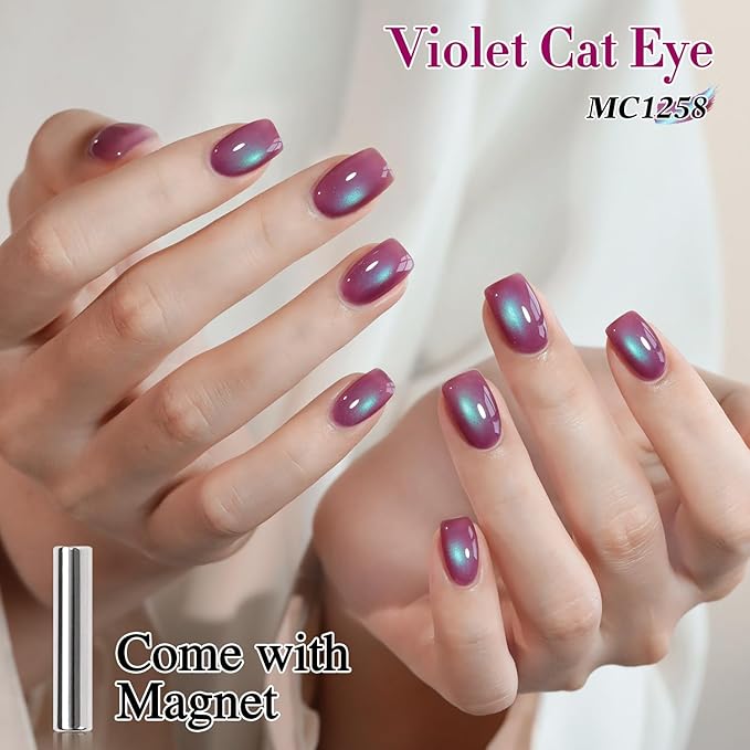 Double Rhythm 0.5 OZ Cat Eye Gel Polish with Magnet 15ML Holographic Glitter Shimmer Translucent Jelly Color Magnetic Nail Polish Salon DIY at Home (Purple Green-MC1258)