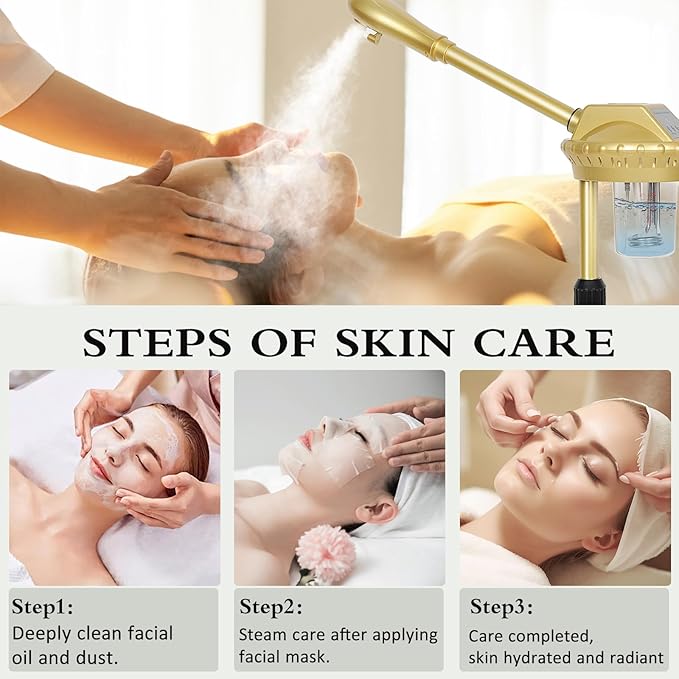 Professional Facial Steamer on Wheels,Gold Ozone Steamer for Face with 30-Minutes Timer,Spa Face Steamer for Deep Facial Cleansing
