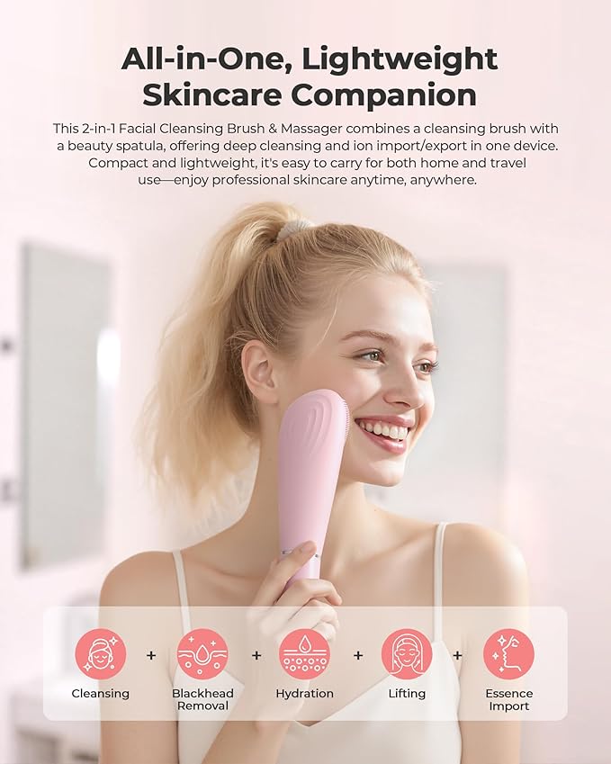 Facial Cleansing Brush & Massager, 2 in 1 Facial Skin Scrubber Waterproof and Rechargeable Face Scrub for Deep Cleansing Vibrating Exfoliator Scrubber Skin Care with 7 Modes, Gentle Exfoliating - Pink