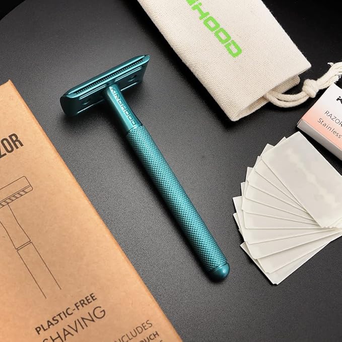 KINGHOOD Safety Razor - Pearl Green Matte Handle,Double Edge Precision,10-Pack Blades - Zero-Waste Shaving Solution for Sensitive Skin