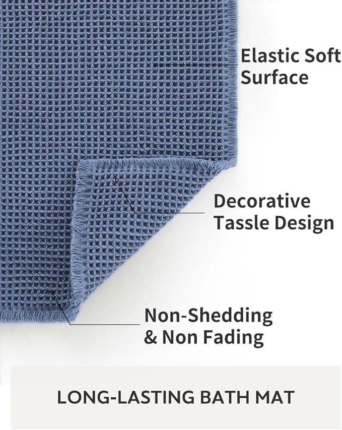 tchdio Waffle Bath Runner Rug, Super Absorbent Non Slip Bath Mats for Bathroom Machine Washable Long Rugs with Tassels, Bath Rugs for Bathroom Floor Beside Tub, 2' x 6'(24" x 72"), Blue
