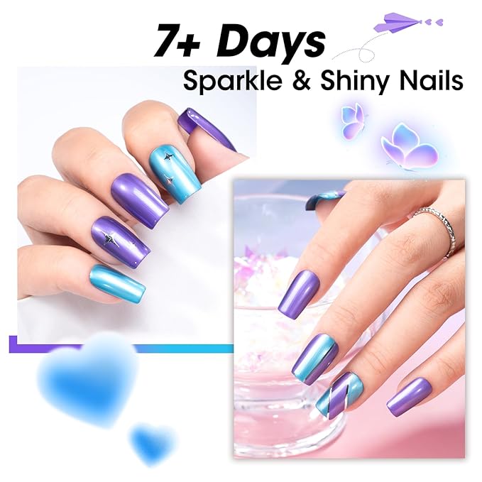 GELLEN Metallic Nail Polish, Chrome Mirror Purple Blue Nail Polish with 3-in-1 Base Coat Top Coat Strengthener Polish, Quick Air Dry Nail Lacquer Set, DIY Nail Art Manicure Gift for Women