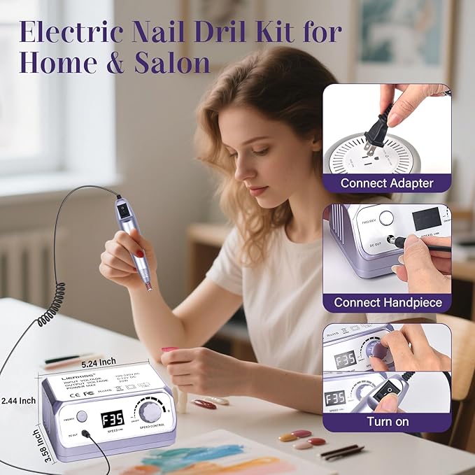 Nail Drill 35000RPM Electric Nail File Drill Nails Machine - Professional Nails Drill with 100pcs Sanding Bands and Nail Drill Bits for Acrylic, Gel Nail Manicure & Pedicure