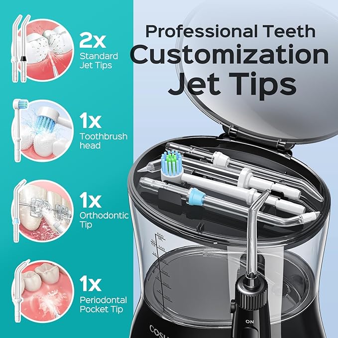 COSLUS Professional Water Flosser for Teeth: 12 Pressure Settings Electric Dental Pick for Tooth Cleaning, Sensitive Gums, Braces, Oral Care - Home Use, 4 Jet Tips for Multiple Users, Family, Black