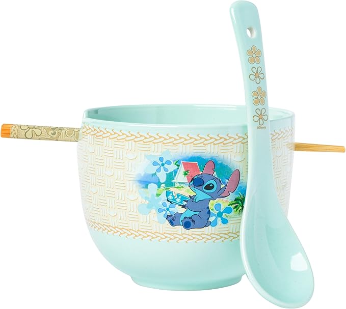 Silver Buffalo Disney Lilo and Stitch Tropical Ceramic Ramen Bowl with Chopsticks and Spoon, 20 Ounces