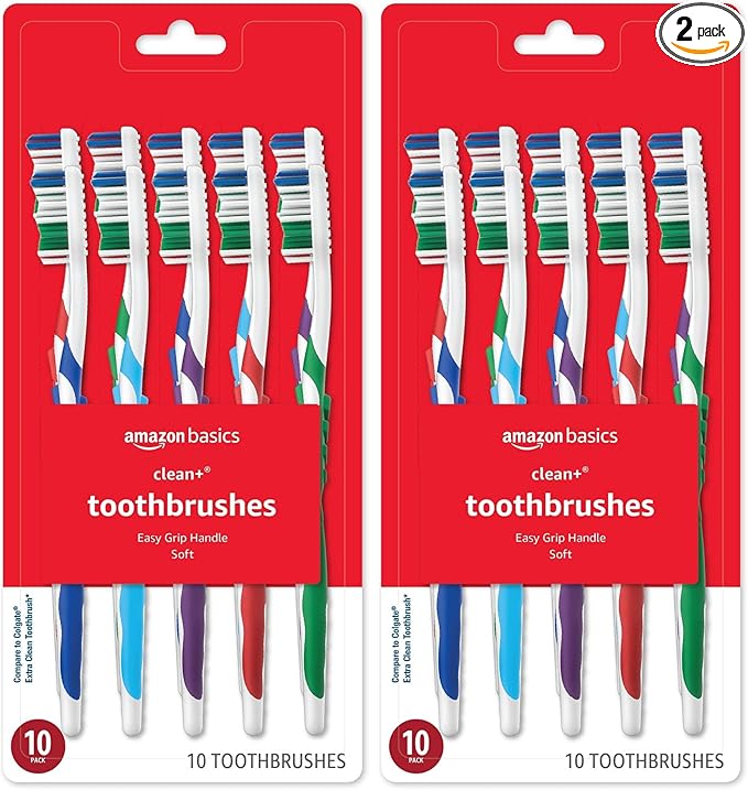Amazon Basics Toothbrush, Soft, Full | 10 Count | Assorted Colors | Pack of 2