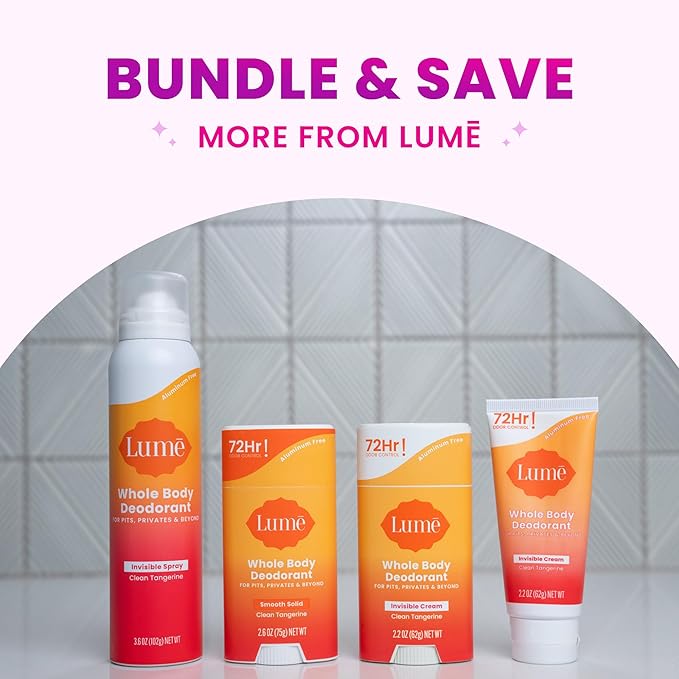 Lume Invisible Spray Deodorant For Women - Whole Body Deodorant Spray - 72 Hr Odor Control - Ozone Friendly, Natural Propellant - Aluminum & Baking Soda Free, Skin Loving - 3.6 ounce (Clean Tangerine)