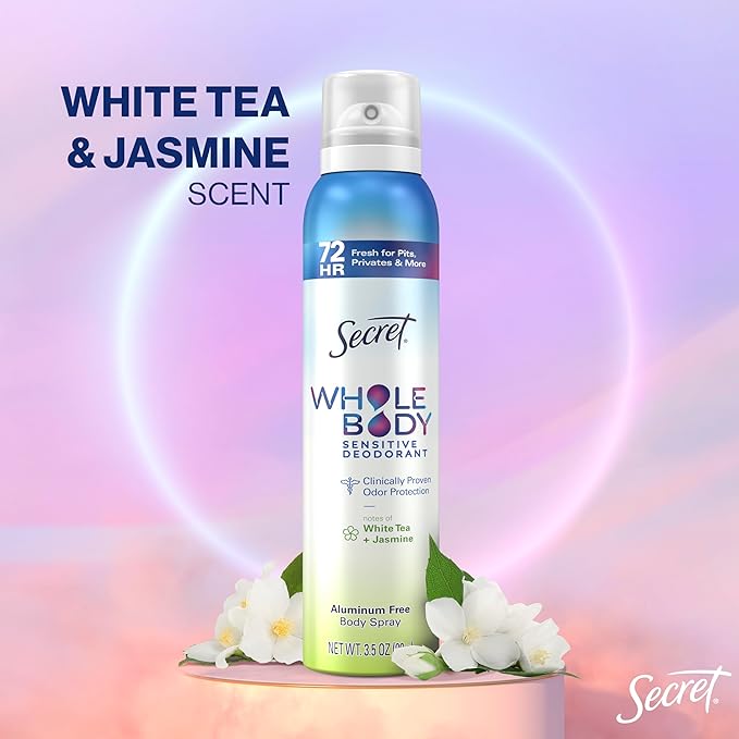 Secret Whole Body Deodorant for Women, Spray White Tea & Jasmine Scent, Aluminum Free Deodorant Spray, 72 HR Odor Protection, 3.5 oz