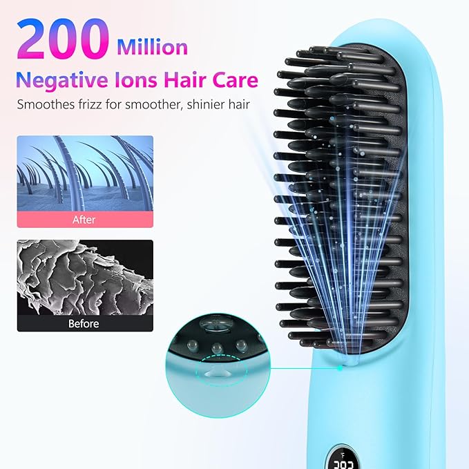 LCD Screen Cordless Hair Straightener Curler 2 in 1, Portable Mini Hair Straightening Brush for Travel Negative Ionic Fast Heating Hot Comb for Women, Folding Brush with Mirror, Blue
