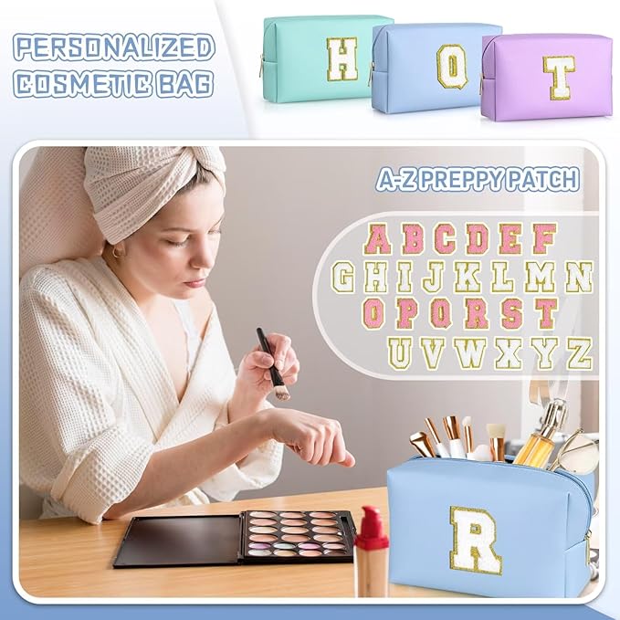 TOPEAST Preppy Stuff for Girls, Initial Makeup Bag Chenille Letter Pouch Cosmetic Bag with Zipper, PU Leather Waterproof Toiletry Bag, Cute Stuff Birthday Gift for Friends Sister (Sky Blue T)