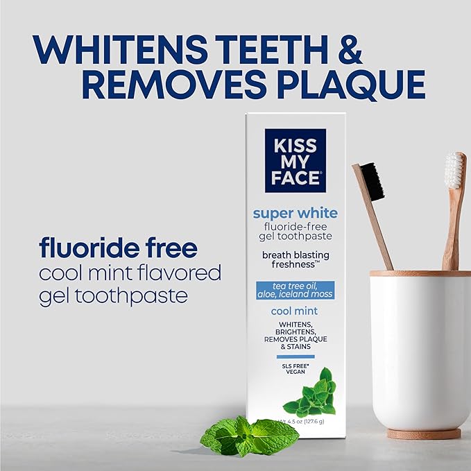 Kiss My Face Super White Toothpaste Gel, Cool Mint Flavor, Removes Plaque and Stains, Teeth Whitening Toothpaste, Fluoride Free, Vegan, 4.5 oz, 6 Pack