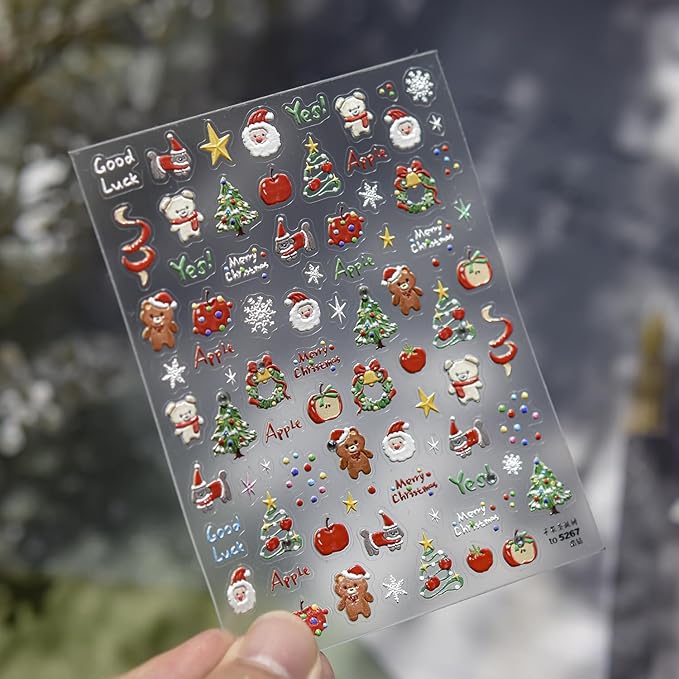 Christmas Nail Art Stickers 5D Diamond Xmas Nail Decals 1PCS Xmas Trees Apple Santa Claus Bear Christmas Nails Design Cute Holiday Nail Stickers Nail Art Supplies for Women DIY Manicure Decorations