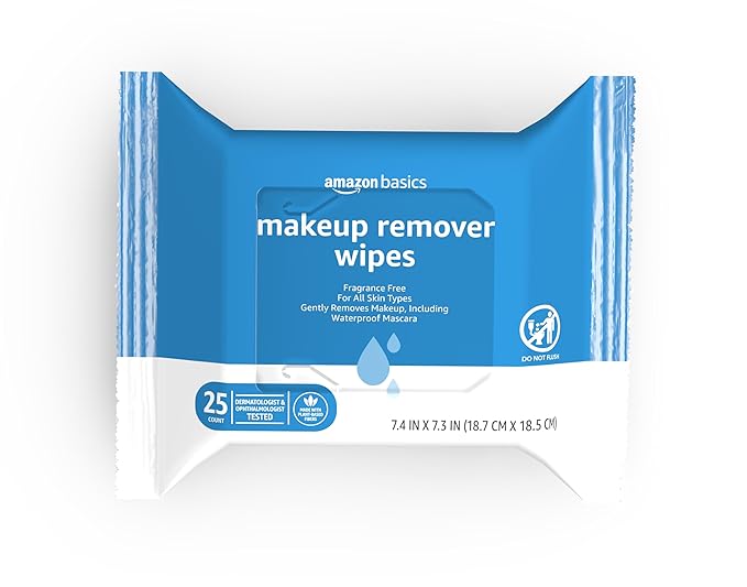 Amazon Basics Makeup Remover Wipes, Gentle Cleansing, Dermatologist Tested, Fragrance-Free, Plant Based, Alcohol-Free, Removes Waterproof Mascara, 25 Count Per Pack, Pack of 1