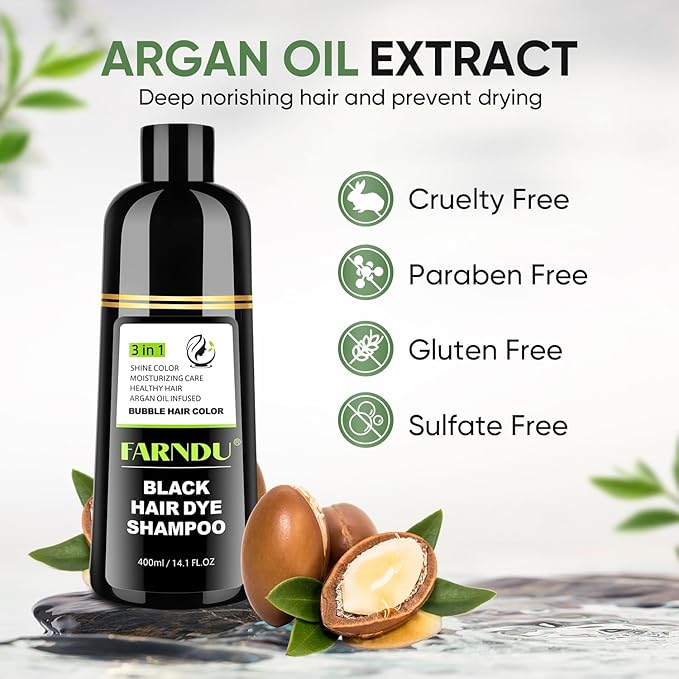 FARNDU Black Hair Dye Shampoo for Gray Hair Coverage - 3 In 1 Hair Color Shampoo for Women & Men with Herbal Ingredients | Champu Con Tinte Para Canas