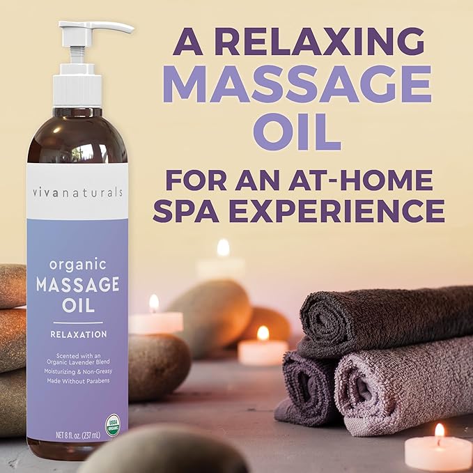 Viva Naturals Organic Massage Oil, Lavender Scented, 8 fl oz (237 mL) – Non-Greasy, Certified Organic Massage Therapy Oils