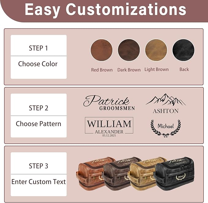 Personalized Toiletry Bag for Men Him, Gifts for Men, Custom Leather Travel Bag Shave Kit, Engraved Pattern Text, Ideal Christmas Gift for Dad, Birthday, Boyfriend, Anniversary, Husband, Son