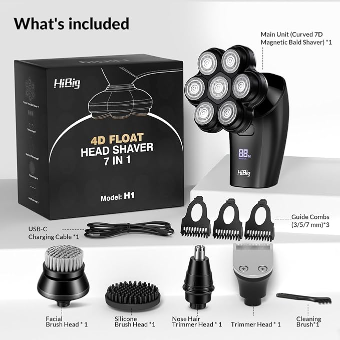 Head Shavers for Bald Men - 7D Arc Electric Razor with Magnetic Detachable Head, Waterproof Wet Dry 5-in-1 Electric Shaving & Grooming Kit, LED Display Rechargeable Head & Body Hair Shaver