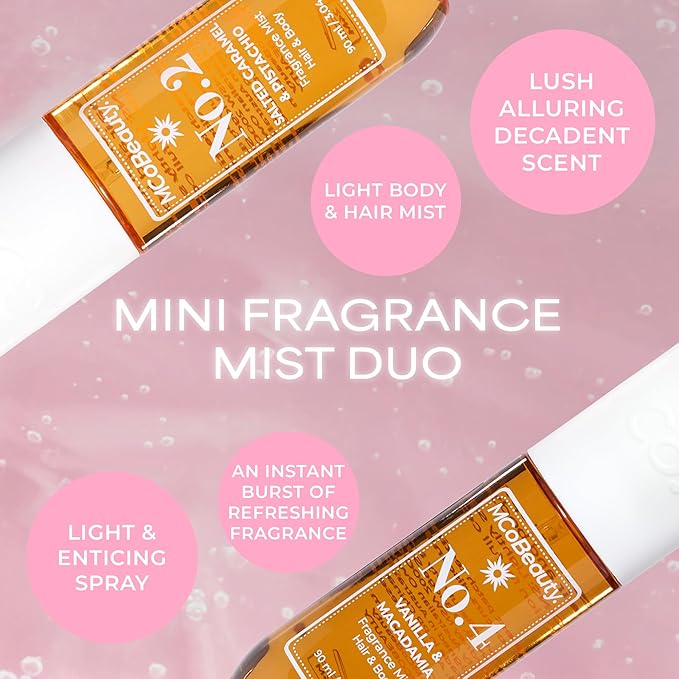 MCoBeauty - Mini Fragrance Mist Duo, No. 2 & No. 4, Limited Edition Travel-Size Body & Hair Perfume Sprays with Pistachio & Caramel Notes, Holiday Collection, Cruelty Free Fragrance Gift Set