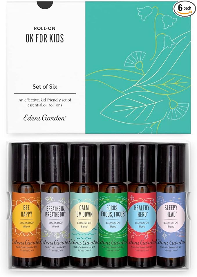 Edens Garden OK for Kids Essential Oil Roll-On 6 Set – 100% Pure Therapeutic Grade, Natural Aromatherapy Blends for Calm, Gentle & Gentle Skin Care – Pre-Diluted & Ready to Use, 10 ml Roll-On/ 6 Pack