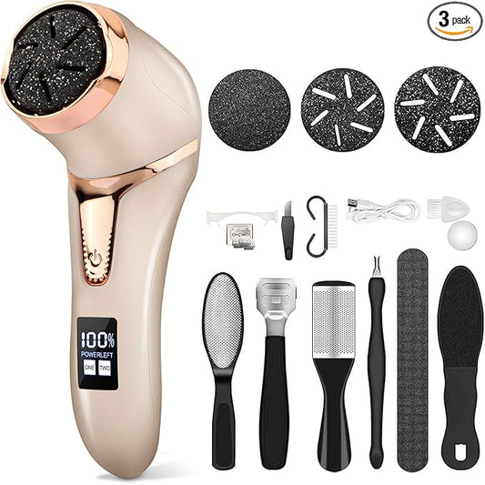 Callus Remover for Feet (with Dander Vacuum), Portable Pedicure Kit Foot File Callus Remover, Rechargeable Waterproof Foot File for Foot Care Deadskin Remover with 3Head&LCD Display, Gold