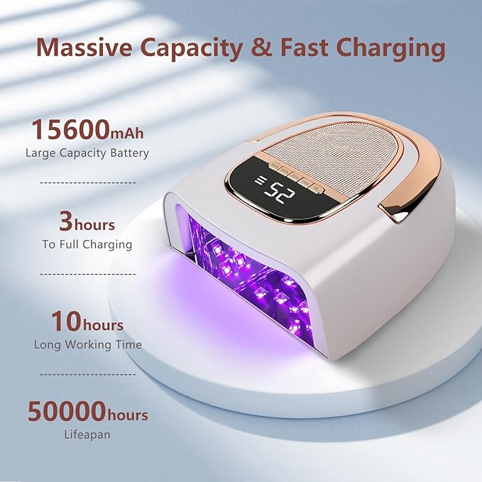 96W Professional Cordless Nail Lamp for Gel & Acrylic Nails – 60S Fast-Curing UV/LED Light with 15600mAh Rechargeable Battery (60+ Uses), Smart Sensor & Metal Base for Home and Salon