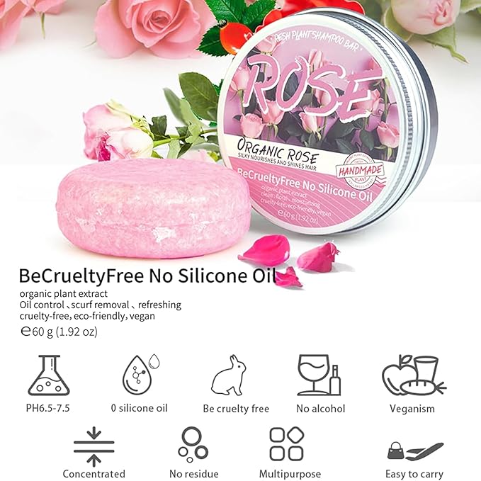 Handmade Solid Shampoo Bar Set of 2, Rose Hair Soap for Nourishing, Deeping Cleaning and Caring Scalp, Rose Flowers Extract Organic Shampoo Bars for All Hair Types, Sulfate & Silicone Free