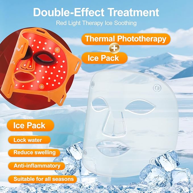 Red Light Therapy for Face Mask with Ice Compress, 850nm Infrared Red Light Therapy, 7+1 Light Modes Led Face Mask Light Therapy, Level 5 Timing, 3000mAh, Led Mask Light Therapy for Home, Orange