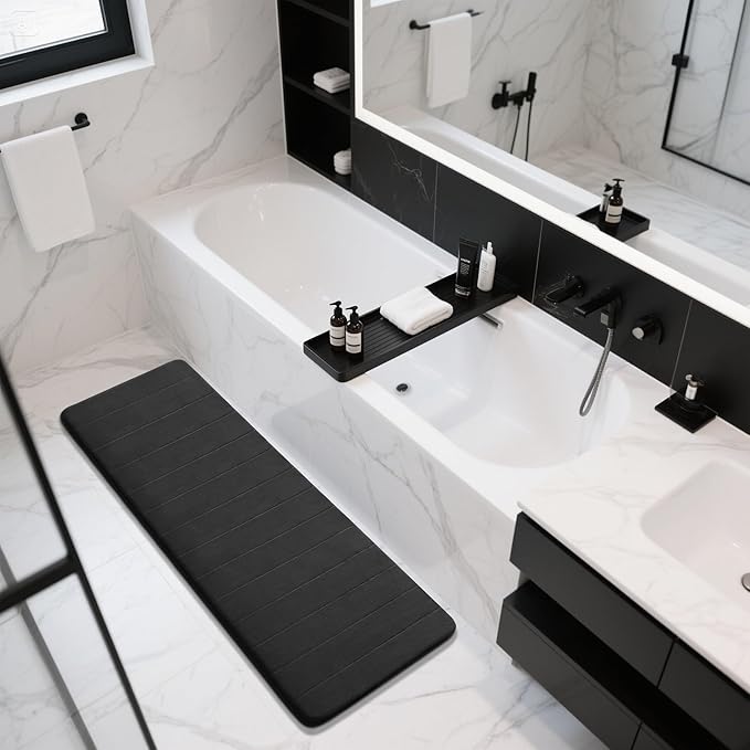 Yimobra Bathroom Runner 55"x24", Non Slip Memory Foam Bath Mat, Super Soft Water Absorbent Hallway Carpet, Machine Washable Rug for Vanity Tub Shower, Black