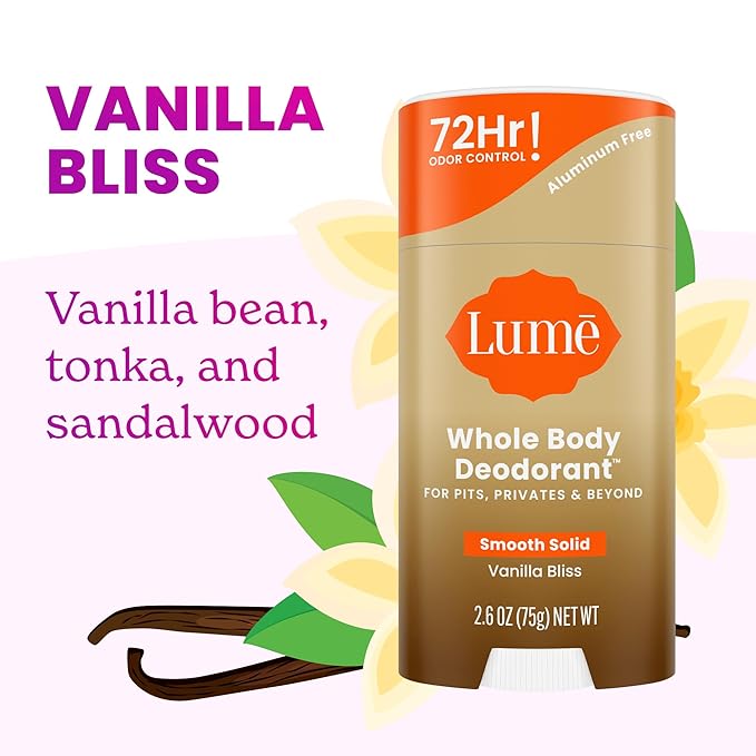Lume Whole Body Deodorant - Smooth Solid Stick - 72 Hour Odor Control - Doctor Developed - Aluminum Free, Baking Soda Free and Skin Loving - 2.6 Ounce (Pack of 2) (Vanilla Bliss)